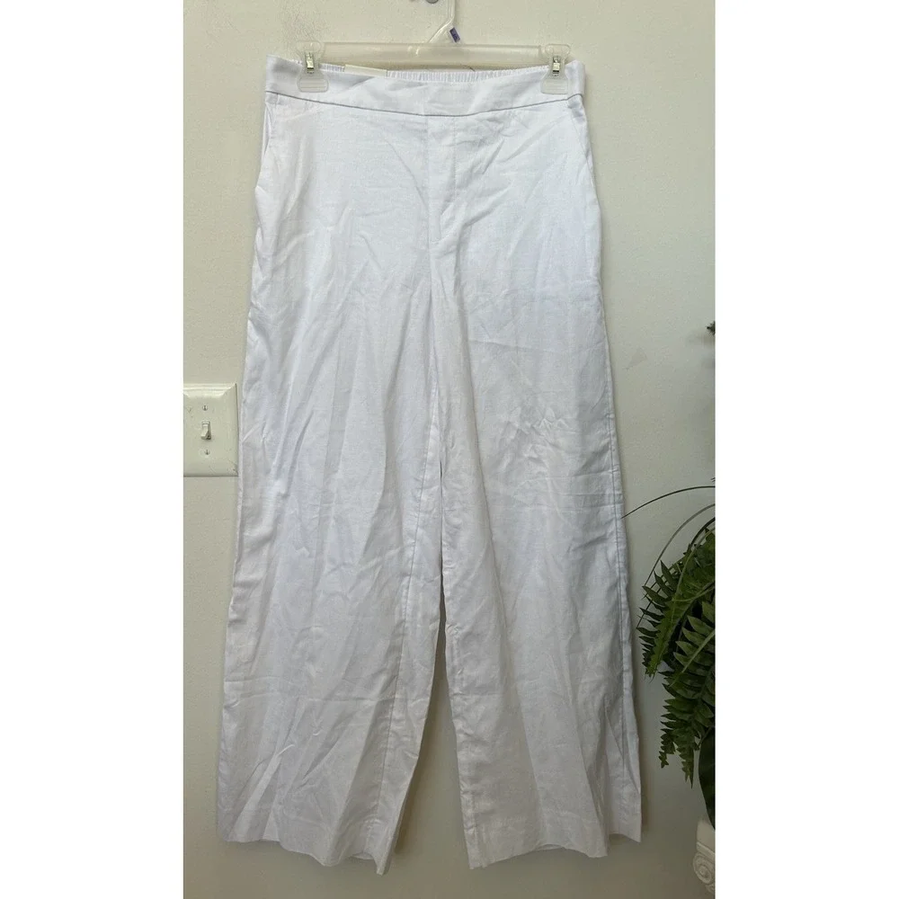 NWT Banana Republic White Linen Wide Leg High Rise Pull On Pants Sz M Coastal